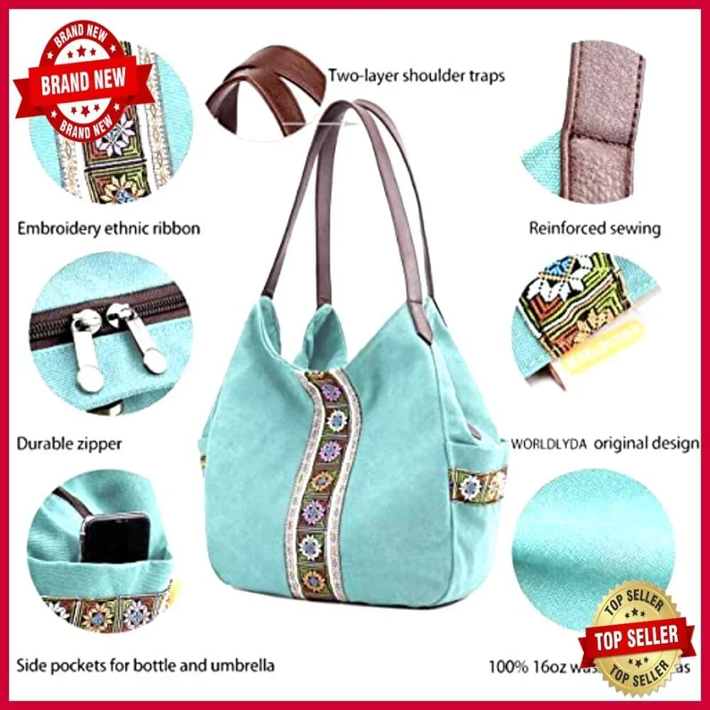 Canvas Hobo Tote Purse with Embroidery Multi Pocket Large Shoulder Bag